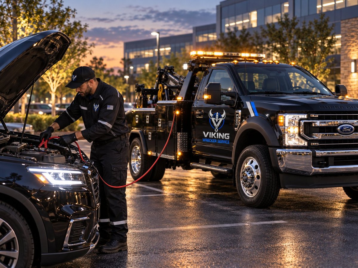 Roadside assistance technician working on a car next to a Viking towing truck at dusk in an urban area